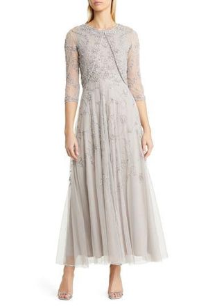 Pisarro Nights Beaded Mesh Gown with Jacket in Silver at Nordstrom Rack, Size 16