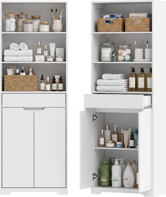 HOMCOM Homcom Armario Alto De Ba&ntilde;o Estrecho Con 3 Estantes Abiertos, Caj&oacute;n Acanalado, Estante Ajustable Y Puertas De Cierre Suave, 60x30x171 Cm, Blanco