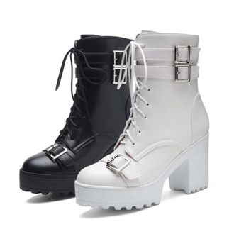 Generic Womens Platform Ankle Boots Round Toe High Block Heel With Side Zipper And Adjustable Buckle Straps Short Booties