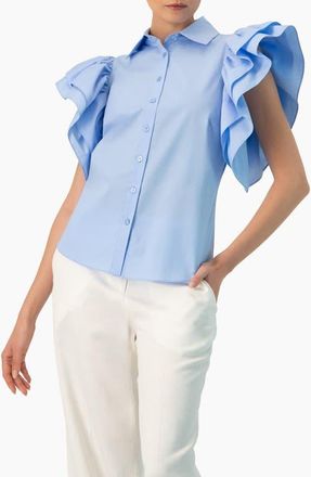 Ivonne Solid Shirt with Ruffled Sleeves in Light Blue at Nordstrom, Size 14