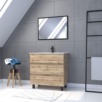 Aurlane Mueble De Ba&ntilde;o 80cm Acabado Roble - Cajones - Lavabo Blanco+ Espejo - Timber 80 - Pack45