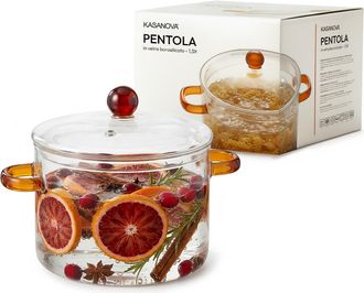 KASANOVA Pentola 1,5 L vetro borosilicato con coperchio manici ambra