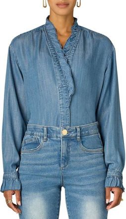 Wit & Wisdom Ruffle Neck Lyocell Chambray Shirt in Mid Blue at Nordstrom, Size X-Large