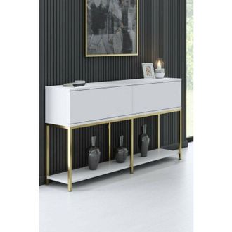 Dmora Aparador Altair, Buf&eacute; De Sal&oacute;n, Aparador De Sal&oacute;n, Despensa De Cocina, 150x30h80 Cm, Blanco Y Oro, Con Embalaje Reforzado - Dmora