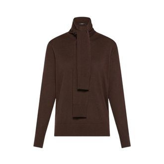 Seventy Merino Trui met Ronde Hals en Afneembare Sjaal - Dames - Truien - Bruin - Maat: M Wol