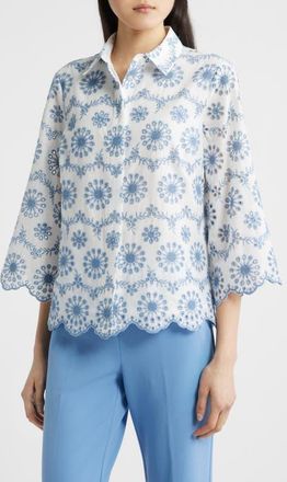 Anne Klein Embroidered Eyelet Cotton Button-Up Shirt in Crisp White/Lagoon at Nordstrom, Size X-Small