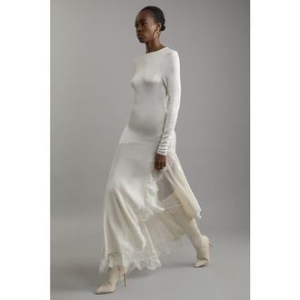 Karen Millen Petite Slinky Lace Asymmetric Maxi Dress in Cream at Nordstrom, Size X-Small