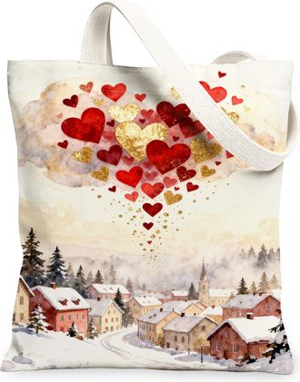 Generic ValentineS Day Hearts Tote Bags, Love Pattern Reusable Grocery Bags, Winter Vintage Stylish Washable Canvas for Shopping T, Red, 13x15 Inch