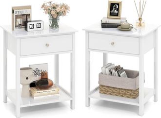 Costway 2 Pcs Nightstand 2-Tier Bedside Sofa Table w/Storage Shelf-White