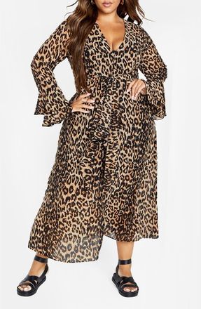 City Chic Carter Print Tie Waist Long Sleeve Maxi Dress in Leopard at Nordstrom, Size 18W