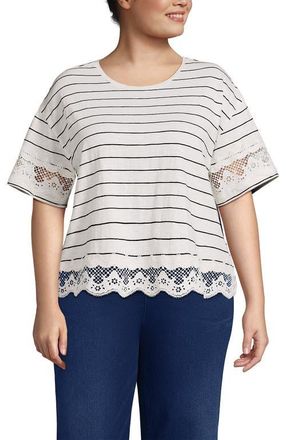 Lands End Short Sleeve Slub Jersey Cutwork T-Shirt in Ivory/black Fine Stripe at Nordstrom, Size 2X