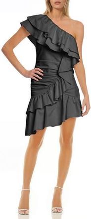 Badgley Mischka Ruffle One-Shoulder Asymmetric Cocktail Minidress in Black at Nordstrom Rack, Size 10