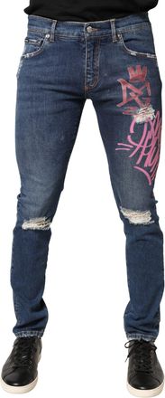 Dolce & Gabbana Mens Blue Distressed Graffiti Print Skinny Jeans Cotton Elastane Clothing