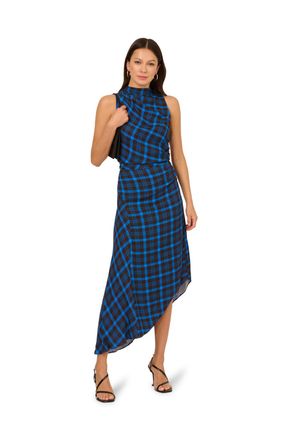 Adrianna Papell Womens Plaid Asymmetrical Dress - Blue - Size 18 UK