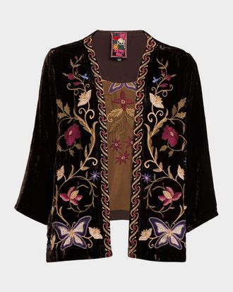 Johnny Was Carmina Floral-Embroidered Velvet Bolero
