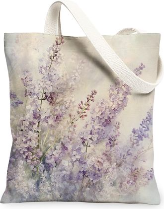 Generic Spring Lilac Flower Canvas Tote Bag for Shopping 13x15, Floral Garden Scenic Reusable Grocery Print Bag for Women, Fun Landscape Beach Aesthetic Paint