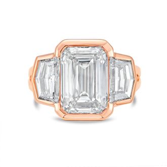 Diana M. Jewels 18kt Rose Gold Lab Grown 6.00 ct Emerald Diamond 3-Stone Bezel Ring