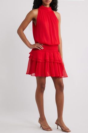 Ronny Kobo Leah Mock Neck Ruffle Dress in Dark Crimson at Nordstrom, Size X-Small