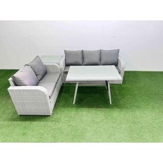 Fimous Outdoor pe Rattan Garden Furniture Set Rectangular Dining Table Sofa Set with Side Table Light Grey - Fimous
