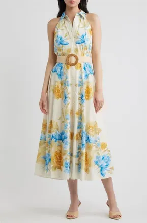 Flying Tomato Floral Sleeveless Cotton Shirtdress in Ivory Blue at Nordstrom, Size Medium