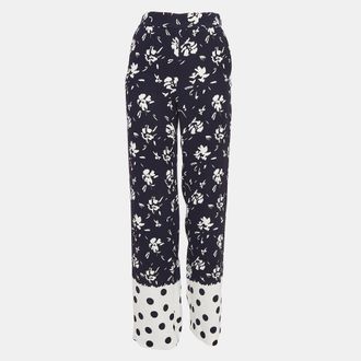 Carolina Herrera Blue Floral Printed Crepe Wide-Leg Pants