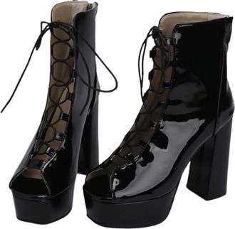 Generic Platform Heel Boots for Women, Chunky Heel Open Toe High Sandals Lace up Thick Sole Shoes with Zipper for Party Prom Dance 12 CM,Black,3.5 UK