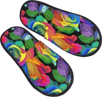Generic Fluffy Slippers Multicolored Roses Flower Furry Camping Slippers Warm Indoor Shoes For Indoor Bedroom Ladies L