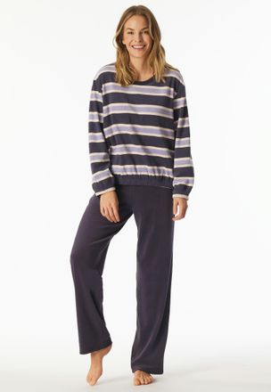 Schiesser Schlafanzug SCHIESSER Casual Essentials, Damen, Gr. 40, indigo, Frottee, Obermaterial: 80% Baumwolle, 20% Polyester, lang, Rundhals, Homewear-Sets Sch