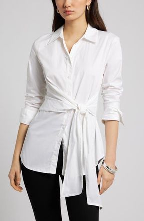 Open Edit Waist Tie Cotton Poplin Button-Up Shirt in White at Nordstrom, Size Xx-Small