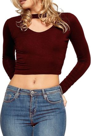 The Celebrity Fashion Womens Choker Neck Crop Top Plain Basic Stretch Long Sleeve V Neck T Shirt