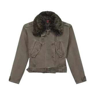 Kenzo Light Jackets, female, Gray, XS, Canvas Jacket with Furry Collar