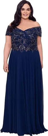 Xscape cape Maxi Dress Womens Blue Beaded V-Neck Off The Shoulder A-Line JDM1215