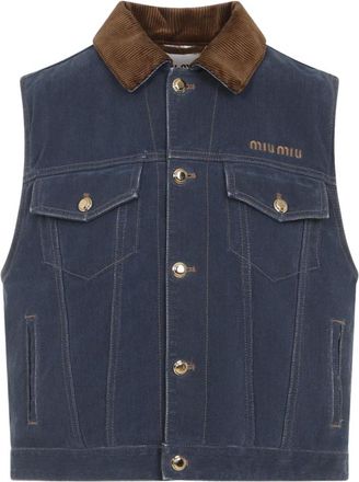 Miu Miu Waistcoats, female, Blue, XS, Blue Denim Flock Jacket