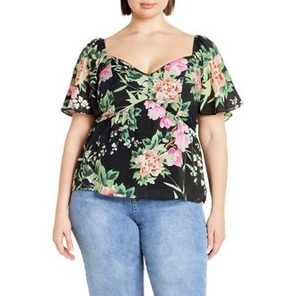 City Chic Marci Floral Flutter Sleeve Top in Black Sweet Blossom at Nordstrom Rack, Size M/18W