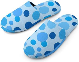 Generic Blue Polka Dots Pattern Flannel Mens Slip-on Slippers Winter Warm House Shoes with Rubber Sole for Home Hotel