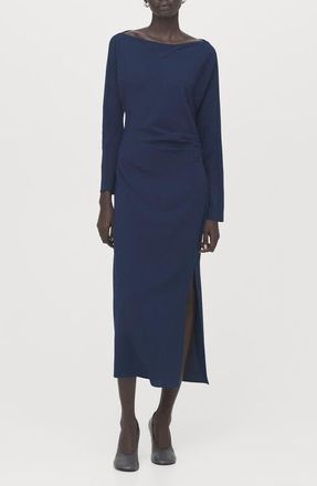 Mango Side Ruched Long Sleeve Dress in Navy at Nordstrom, Size 10