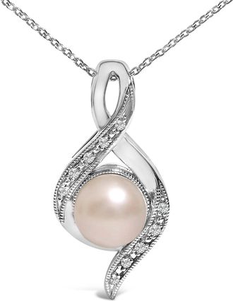 House of Brilliance Sterling Silver 7mm Cultured Pearl and Diamond Accent Swirl Pendant Necklace