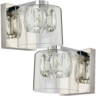 Loops 2 PACK Crystal LED Wall Light Square Chrome & Luxury Shade Glass Lamp Fitting in Clear