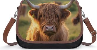 Generic Highland Cow Scottish Crossbody Bag Womens Handbag PU Message Bags Shoulder Purse with Adjustable Strap