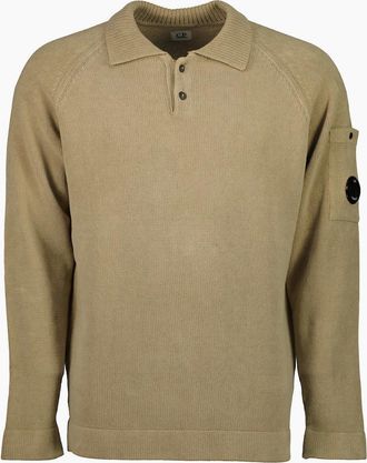 C.P. Company Mens Chenille Polo Collar Lens Knit - Tan - Size: 40