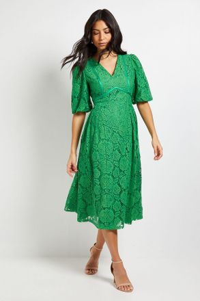 Wallis Womens Lace Puff Sleeve Midi Dress - Green Polyamide - Size 18 UK