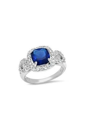 Steeltime 18k Gold Plated Simulated Sapphire & Cubic Zirconia Halo Ring in Silver/Blue at Nordstrom Rack, Size 6