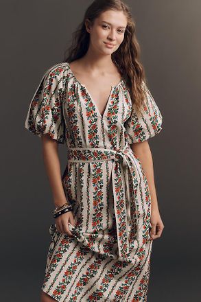 The Great. Fairground Belted Puff-Sleeve Midi Dress