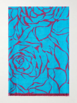 Dries Van Noten Sciarpa In Voile Di Cotone Stampato Con Frange - Blu