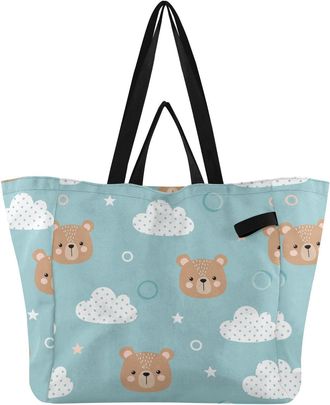 Generic Bear Clouds Blue print Reusable Canvas Tote Bag, Heavy Duty Grocery Shopping Bag with Hard Bottom Double Handles Large Capacity Work Groceries Travel