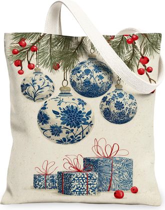 Generic Christmas Floral Canvas Tote Bag, Ornament Pattern Reusable Grocery Bag, Winter Lightweight Washable Shoulder Strap Canvas for Travel 13x15 Inch