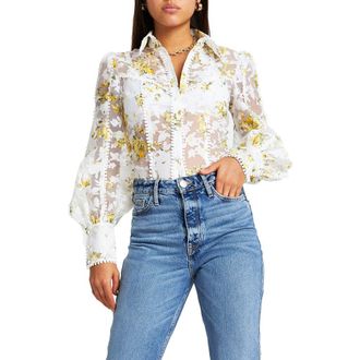 River Island Floral Print Organza Burnout Shirt in Yellow at Nordstrom Rack, Size 2 Us / 6 Uk