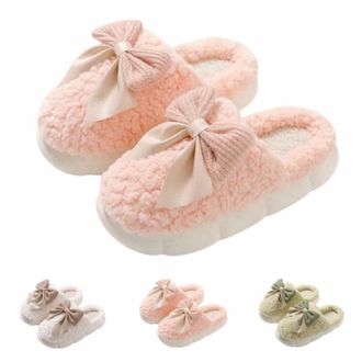 Generic Slippers Womens Bow Pattern Cotton Slippers Fleece Lined Warm Slippers Thick Sole Hat Shoes Winter Warm Plush Felt Slippers Soft Comfortable Slippers 
