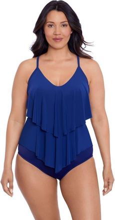 Trimshaper Ronnie 2 Tier Ruffle Plus Size Tankini Swimsuit Top in Ink at Nordstrom, Size 16