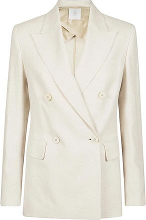 Eleventy Double-Breasted Jas van Wol- Zijde en Linnen - Dames - Blazers - Beige - S - Wol - Jassen